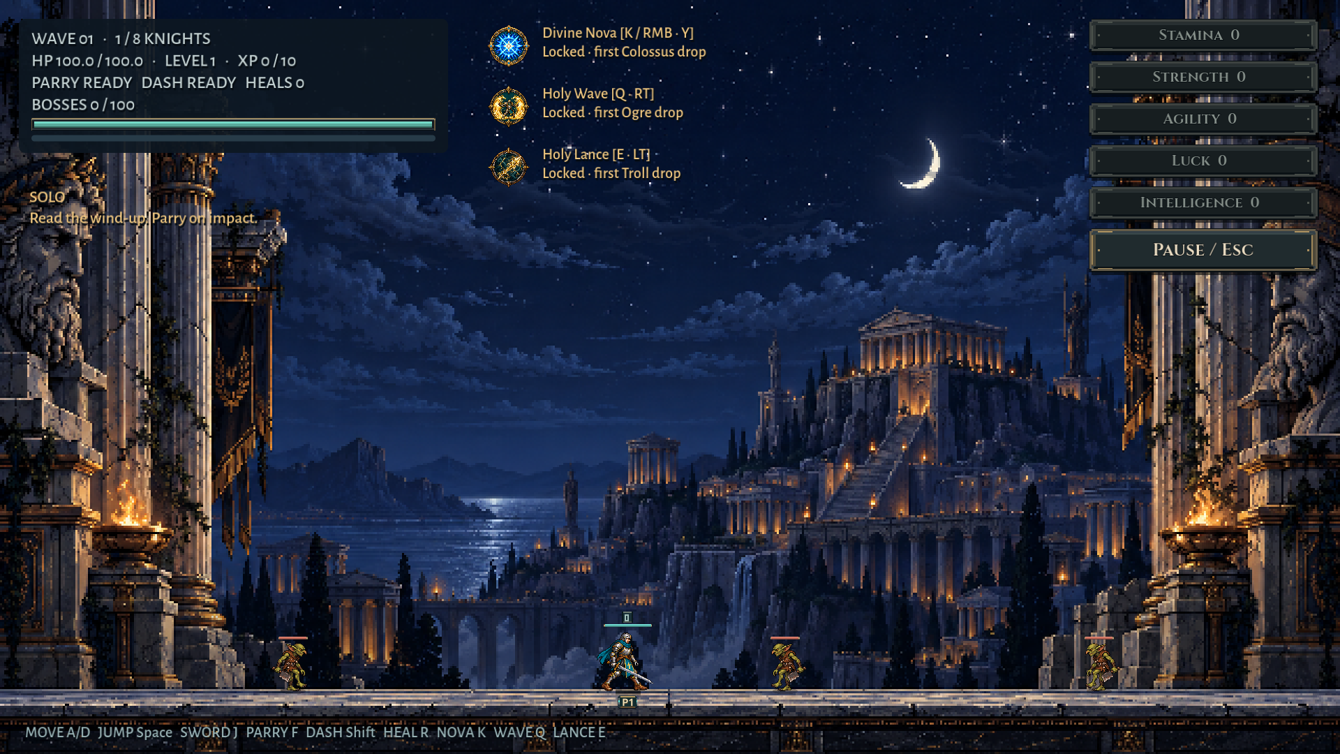 The paladin facing goblins on a moonlit terrace, with the current game interface visible