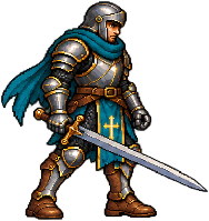 The paladin in silver and gold armor, with a teal cape, visible golden cross, and sword