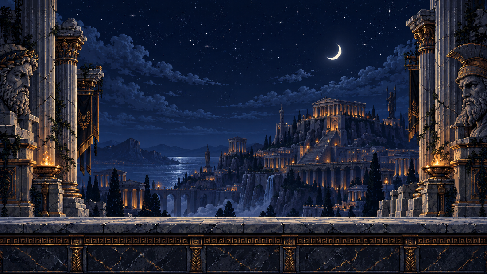 Moonlit ancient temples and towering stone columns overlooking the arena
